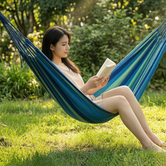 Outdoor Striped Hammock with Rope Bag, Portable Canvas Single Person Hammock, Tree Hanging Hammock for Camping Garden Patio Backyard Porch