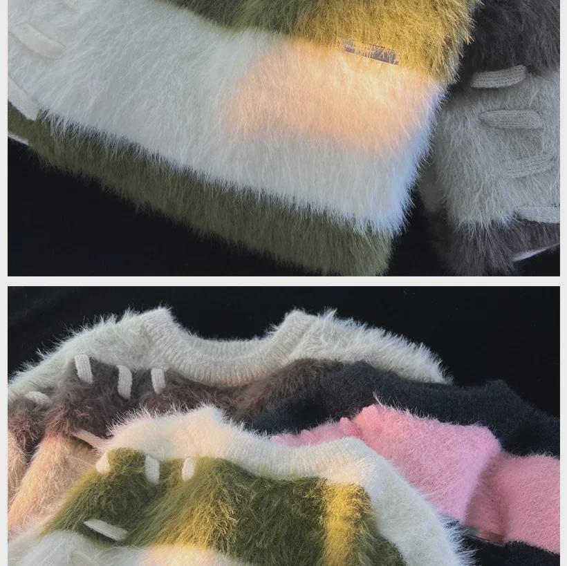 Maglione da Uomo Autunno/Inverno Giapponese in Pile di Visone Glutinoso a Righe - Design Accogliente e Stile Rilassato