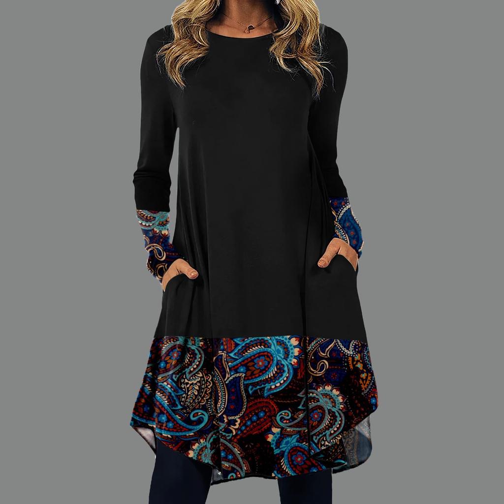 Women's Fashion Casual Printed Round Neck Pullover Loose Long Sleeve Dress