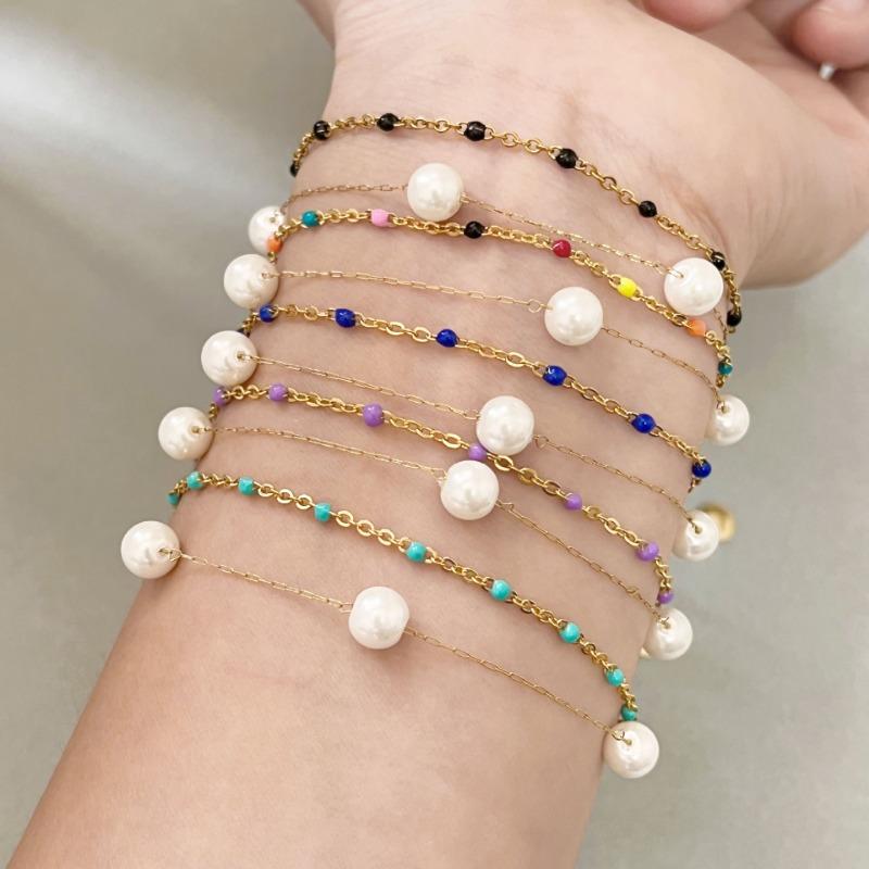 Gold Double Layer Pearl Black Bead Bracelet – Elegant Pearl Chain Jewelry, Vintage Party Gift for Women