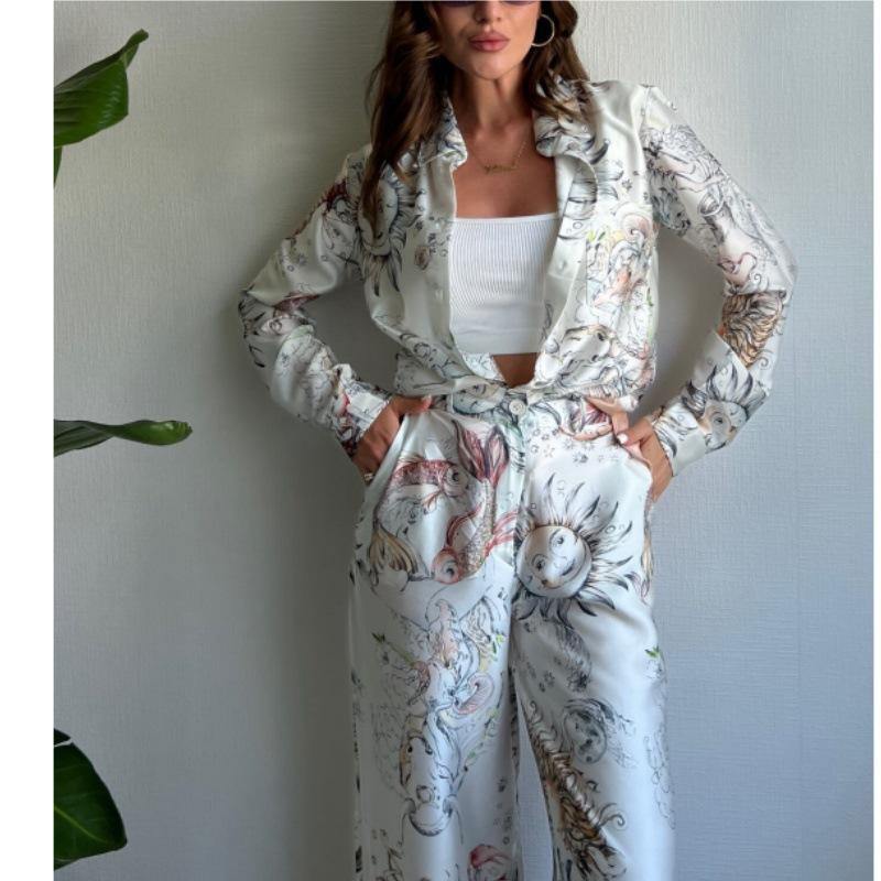 European and American cross-border women's suit 2024 new spring and summer fashion positioning printed long-sleeved top wide-leg pants two-piece set