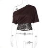 Women Sexy Slanted Neck Off Shoulder Short Sleeve Lace Patchwork Waist Cinched Cropped T Shirt