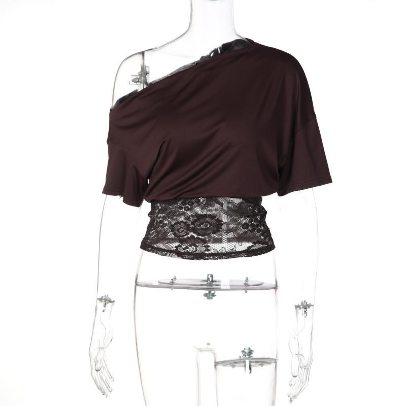 Women Sexy Slanted Neck Off Shoulder Short Sleeve Lace Patchwork Waist Cinched Cropped T Shirt