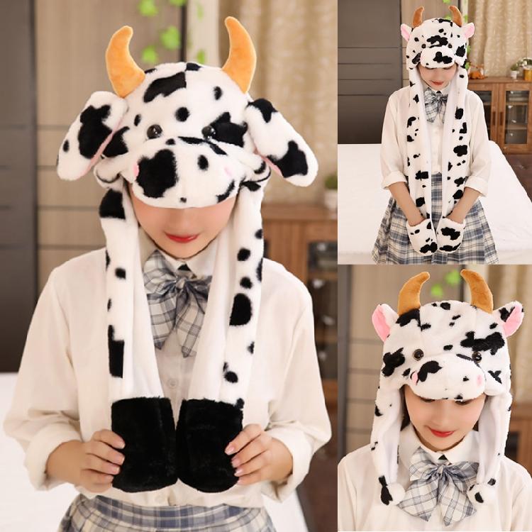 Warm Hat with Jumping Ears Party Stuffed Cow Ox Horn Toy Fleece Cap for Kids