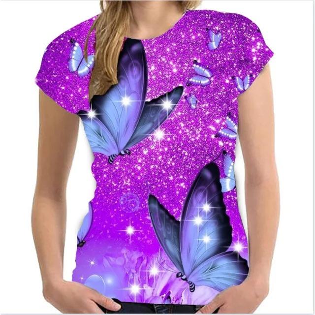 Femeii T-shirt de vară cu mânecă scurtă și guler rotund 3D fluture imprimare top la modă casual topuri