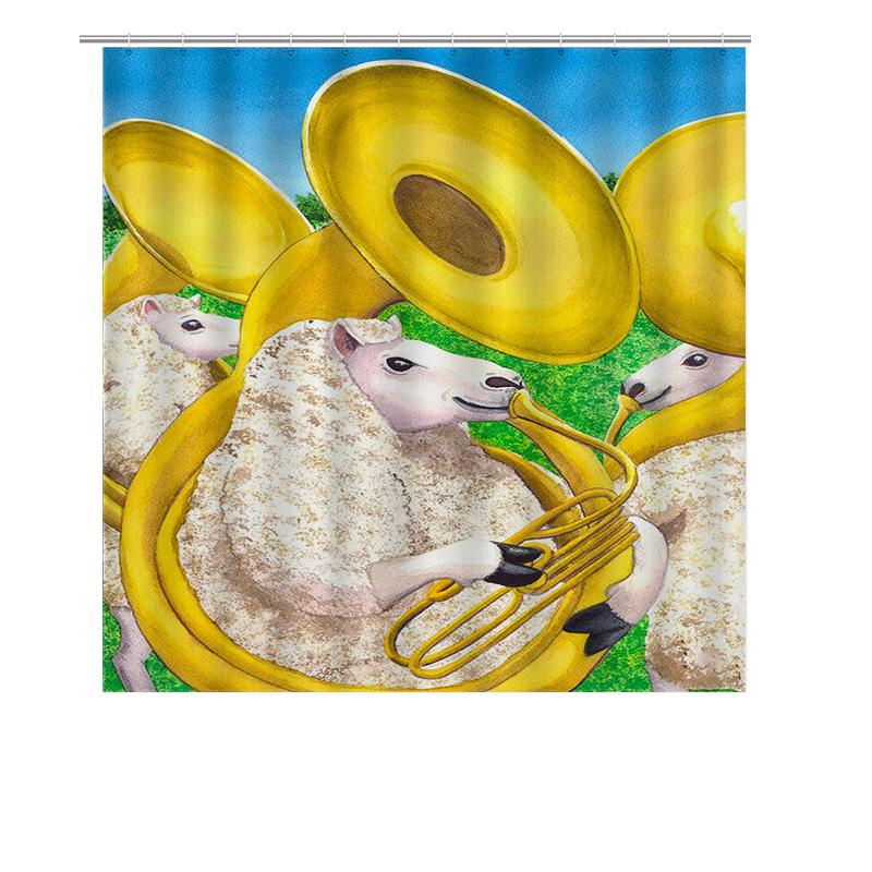 Musical Sheep Shower Curtain Yellow Trumpets Design For Kids Bath Decorations Home Accessories With Rings
