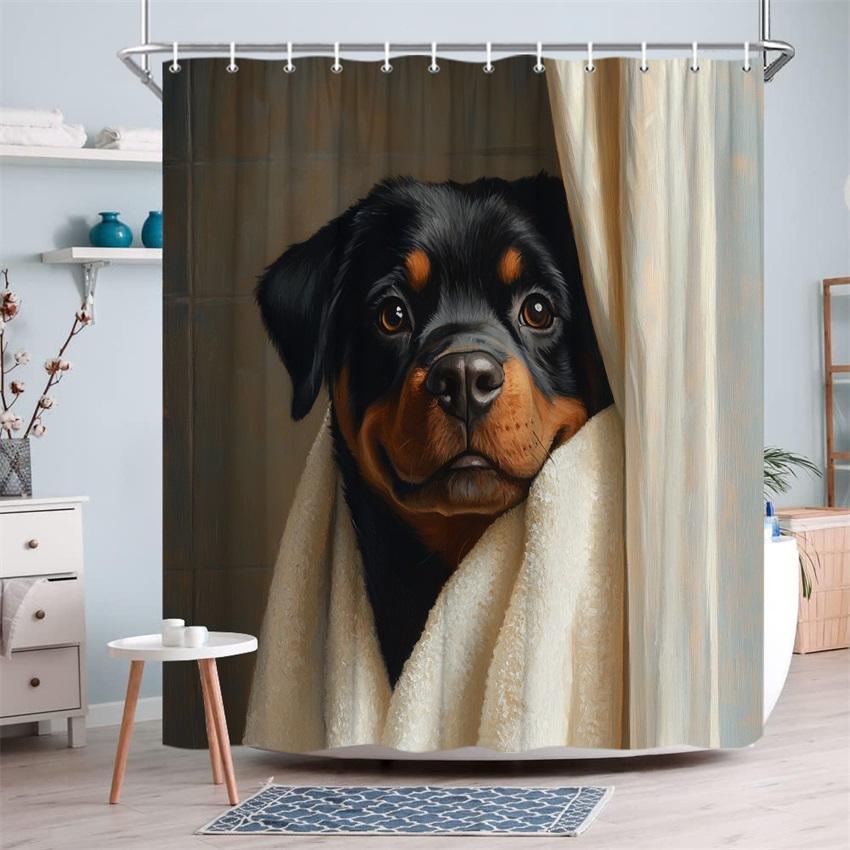 Annier Black/White/Beige 1Pc Rottweiler Puppy Shower Curtain - Realistic & Tan Puppy With Towel, Tiled Background, Rottweiler Decor