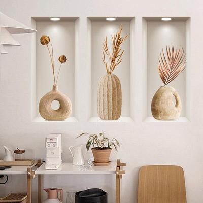 Samolepka na zeď s rostlinami Trojrozměrný 3D efekt Umělecký triptych Pozadí Dekorativní samolepka na zeď Předsíň Obývací pokoj PVC Samolepicí samolepka na zeď