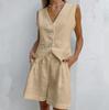 European & American Design Cotton Linen Suit: Women's Summer Casual Sleeveless Vest & Shorts Set