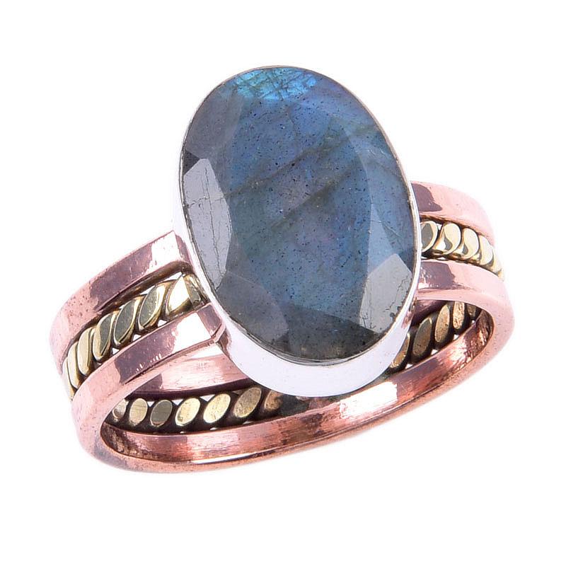 Natürlicher Labradorit-Edelstein, 925er Sterling-Silber, zweifarbiger Ring S.10 C0J84