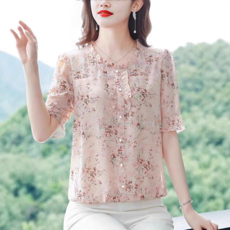 Summer New Style Five-Quarter Sleeve Chiffon Shirt for Women, Stylish Floral Print Top That Covers the Belly, Thin Base Layer Shirt
