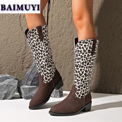 Fashion Leopard Mid Heels Women Shoes Mid-calf Boots 2025 Trend Designer Gladiator Chunky Western Boots New Pumps Chelsea Botas Mujer