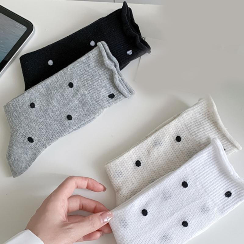 Womens Japanese Vintage Dots Pattern Cotton Middle Tube Calf Socks Hollow Out Breathable Mesh Thin Roll Cuffs Crew Socks
