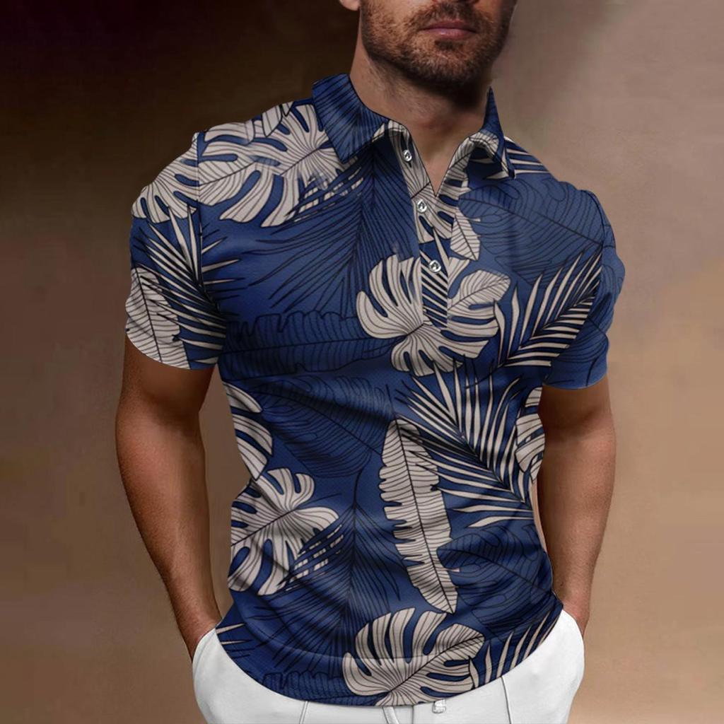 Hawaiian Style Short-Sleeve Polo Shirt, Palm Tree Print, Casual Summer Wear