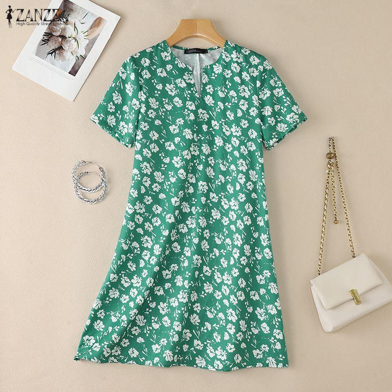 ZANZEA Women V-Neck Loose Summer Casual Floral Print Short Sleeve Dress