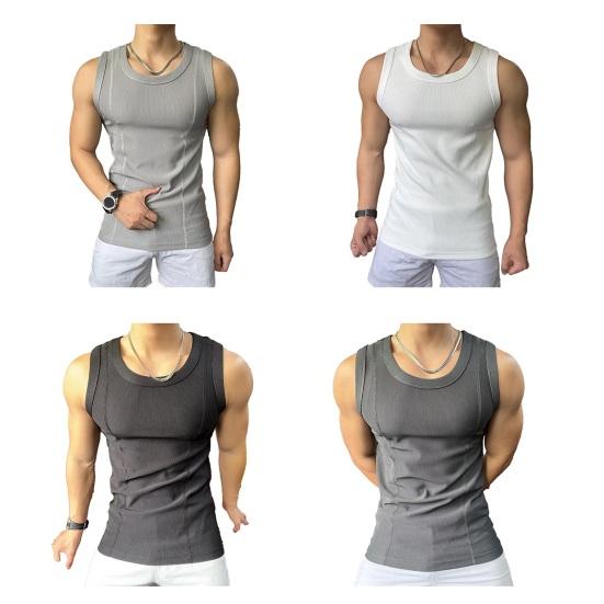 Men Vest Crew Collar Sleeveless Summer Tops Pure Color Ribbed Sport Camisole Lightweight Breathable Quick-Drying Tank Tops