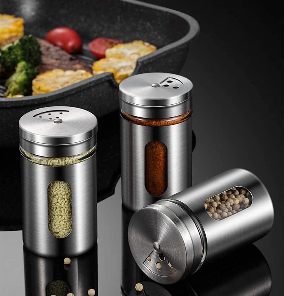 Morningplace Stainless Steel Seasoning Tins, Seasoning Jar Set with Salt, Pepper, and Sugar Shakers, Perfect for the Kitchen (Set of 6)