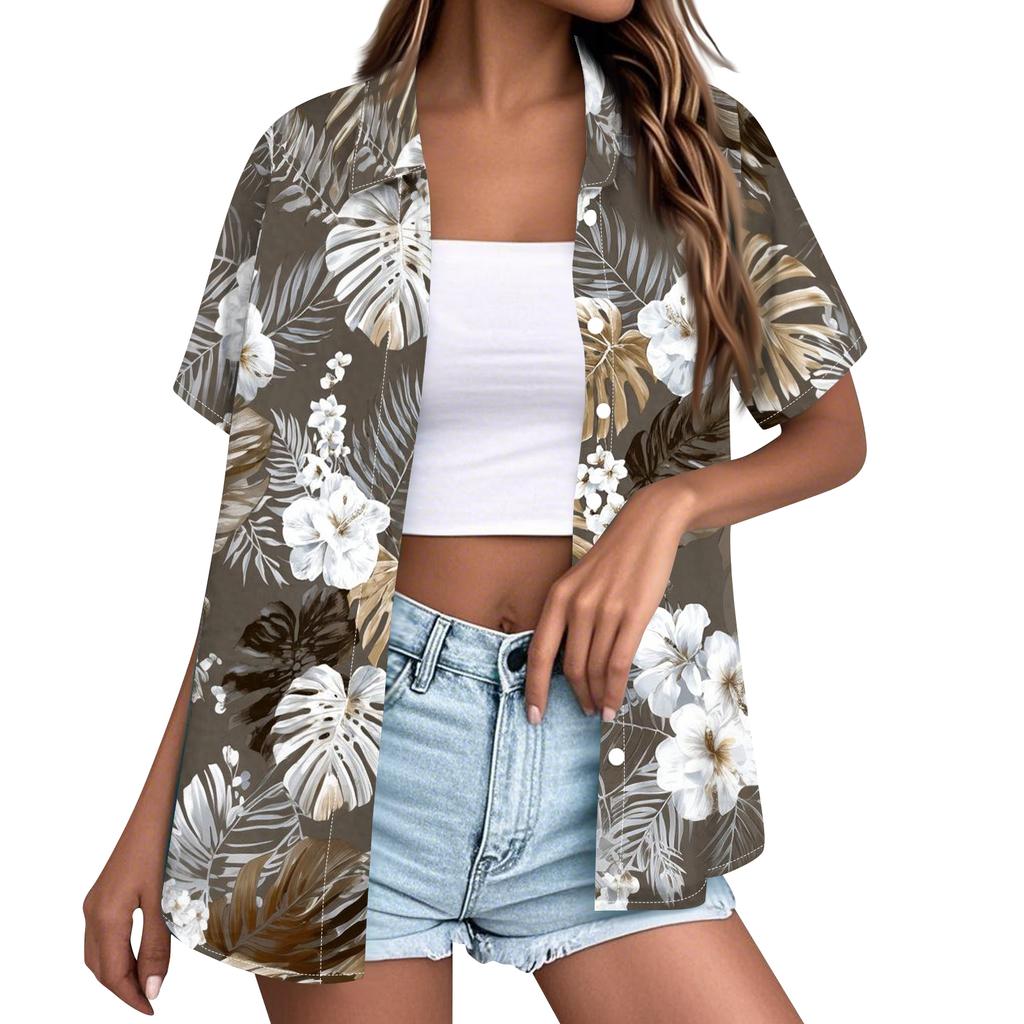 Women's Fashion Casual Short Sleeve Button Lapel Shirt Tops