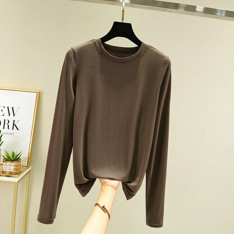 Women's Crew Neck Long Sleeve Tee Slim Fit Commuter Casual Top Solid Color Modal Fabric Stretchy Basic Layering Shirt For Autumn Daily Inner Wear
