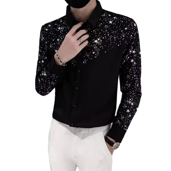 Men Shirt Sequin Star Color Matching Long Sleeve Single Breasted Patchwork Slim Fit Cardigan Turn Down Collar Soft Breathable Mid Length Men Top