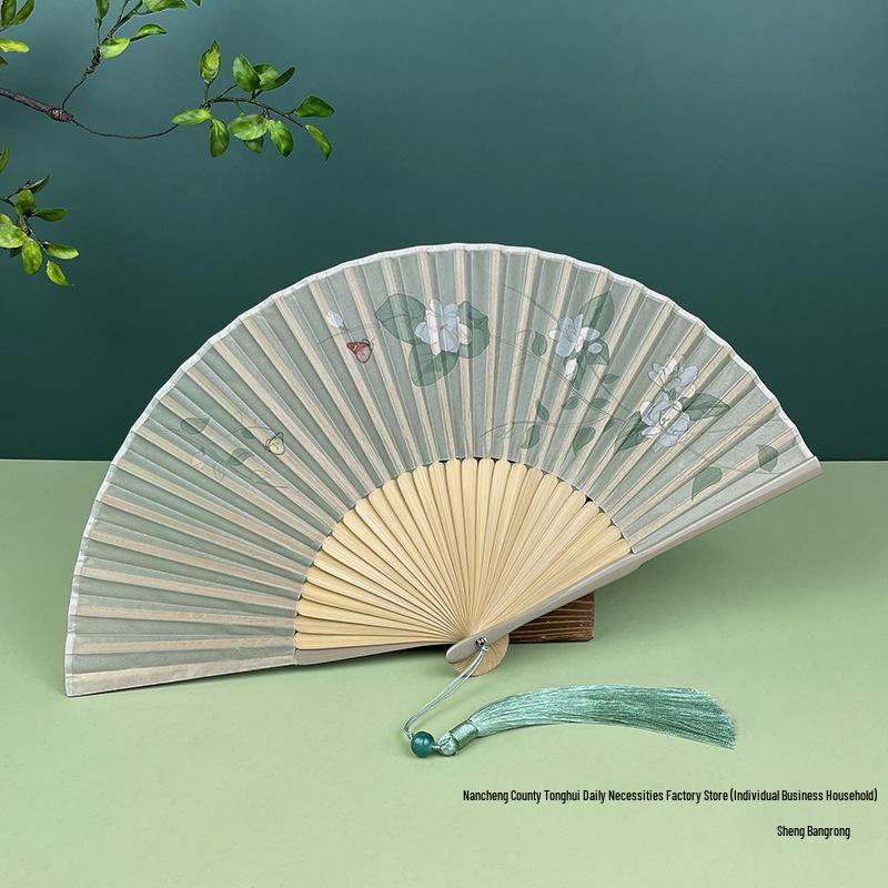 Ancient Style Bamboo Folding Fan - Portable Chinese Hanfu Qipao Summer Dance Fan with Gardenia Design
