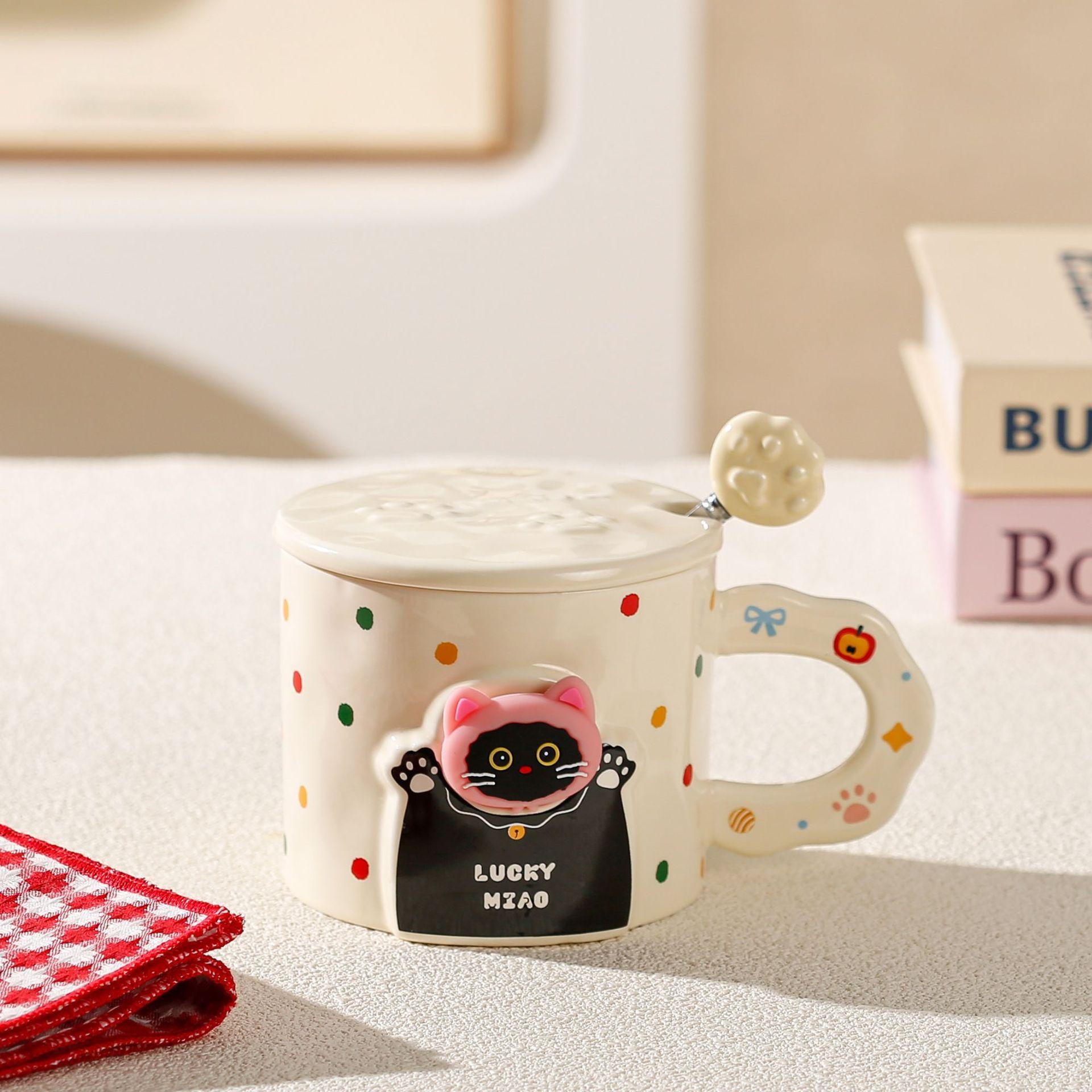 

Кружка «Маленький черный кот» Подарок на день рождения Чашка для воды с крышкой и ложкой Керамическая чашка для девочки Высококачественная Домашний офис Кофе 301-400ml