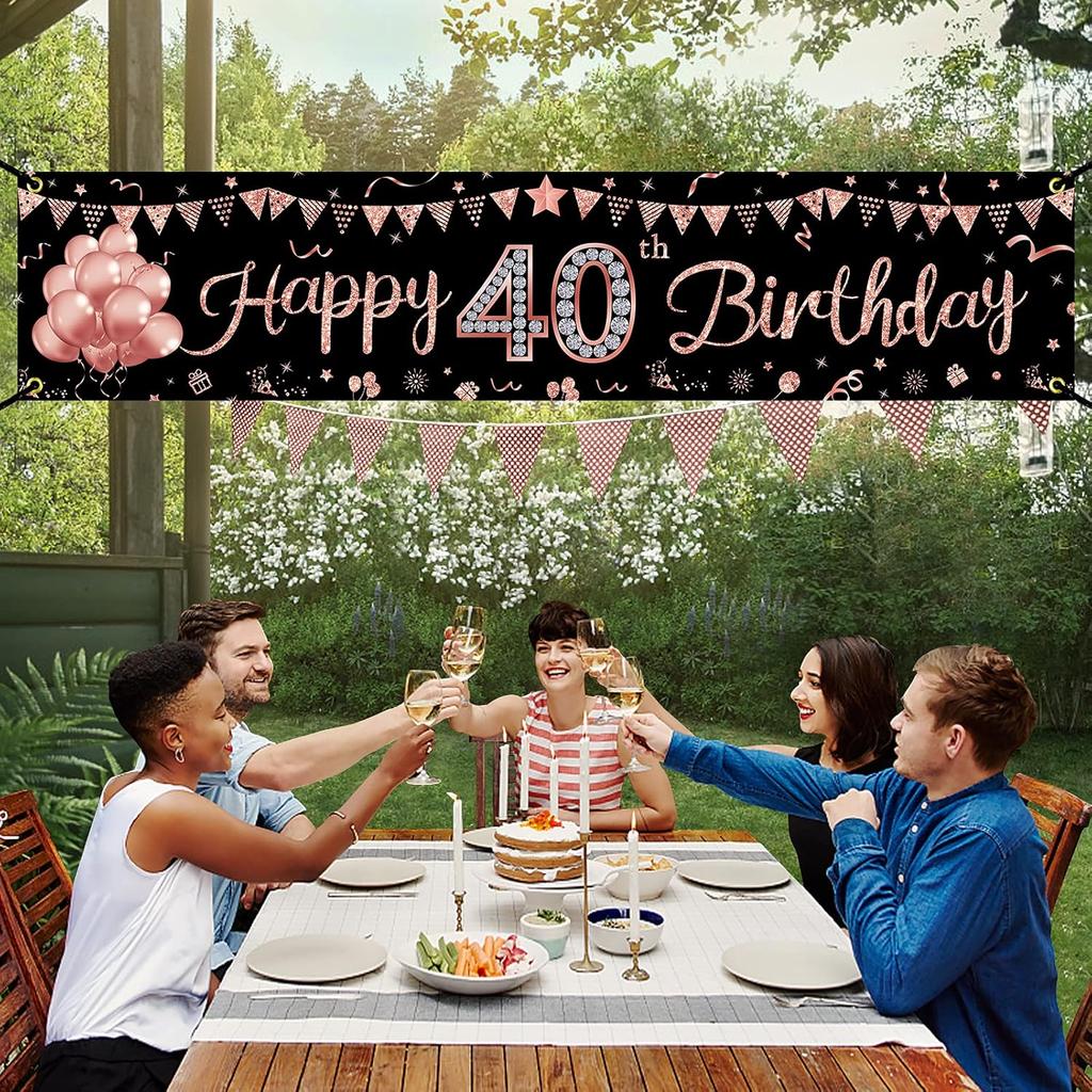 40th Birthday Banner Decorations for Women, Rose Gold Happy 40 Year Old Birthday Sign Party Supplies, Forty Bday Party Decor Photo Booth Props for