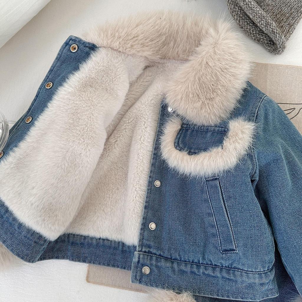 Mädchen Winter Fleecegefüttertes Denim-Set Mittel/Kleine Kindergröße Verdickte Weiche Jacke + Rock Zweiteiliges Set