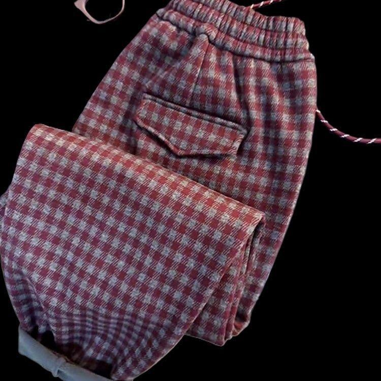 Kostkované ležérní kalhoty pro dámský nový styl podzimu a zimy plus sametové super krásné kalhoty