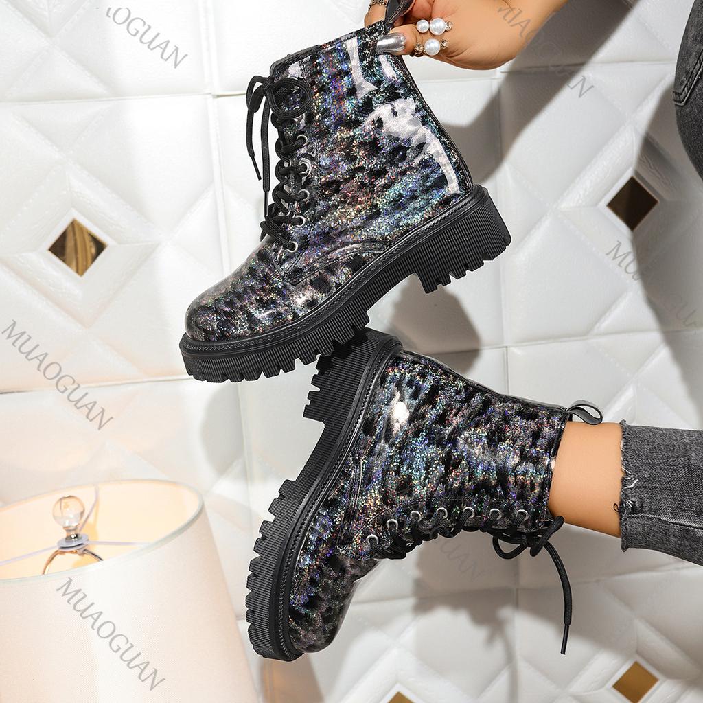 Fashion Women's Boots 2025 Autumn New British Style Thick Bottom Bright Leather Single Shoes Casual Middle Heel Round Head Lace-up Botas