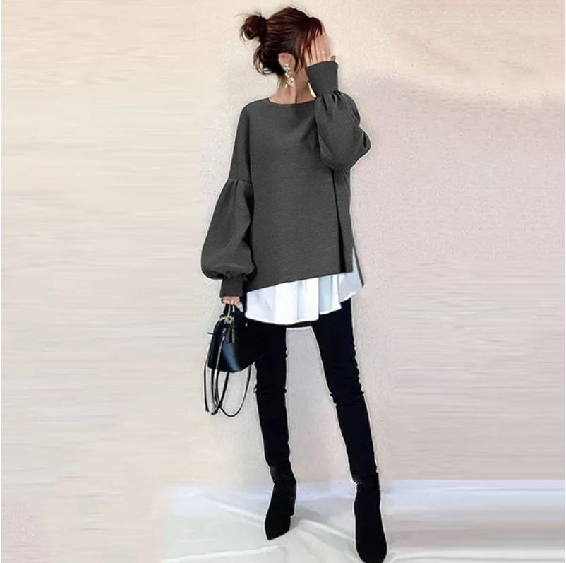 2026 Spring Women s Loose Fit Irregular Long Sleeve Sweatshirt - Round Neck Fake Two-Piece Design L 1990₽