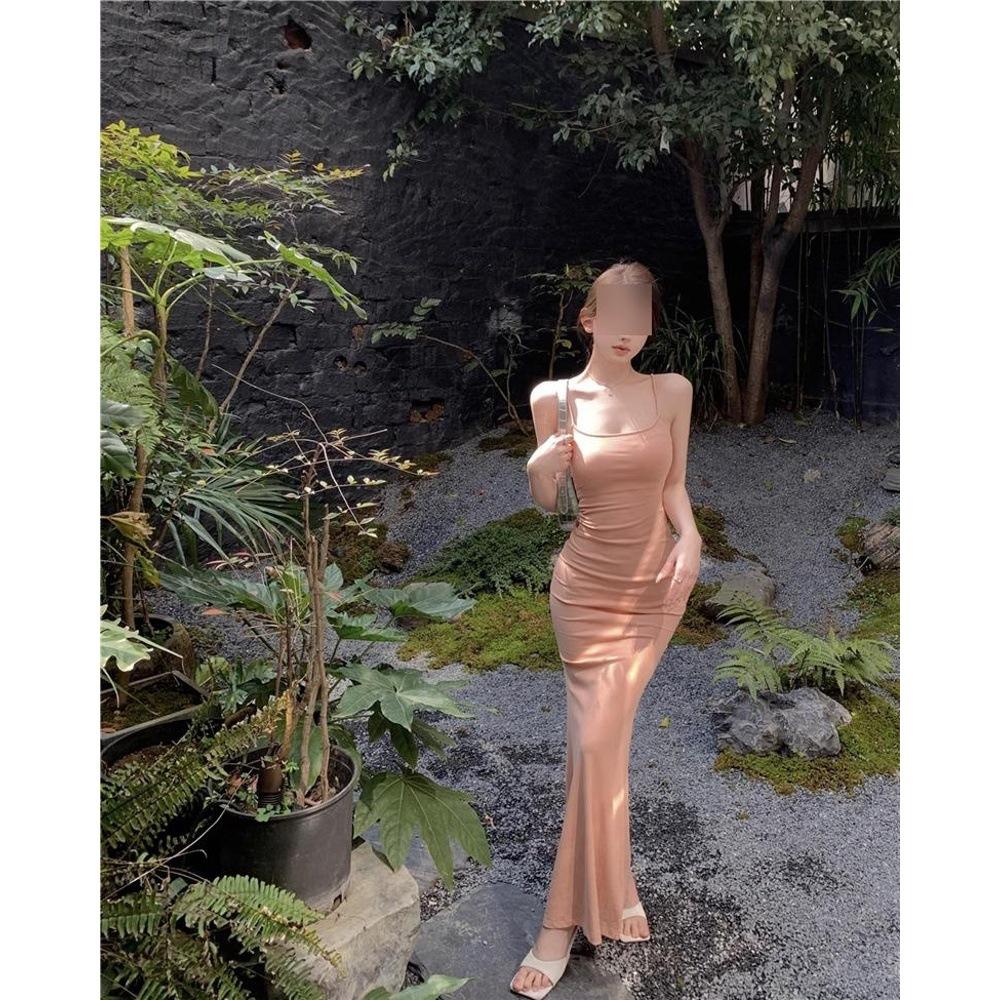 Figurbetontes Trägerkleid Damen Sommer Windrosa schlanker Meerjungfrau-Rock Taille Hüfte langer Rock