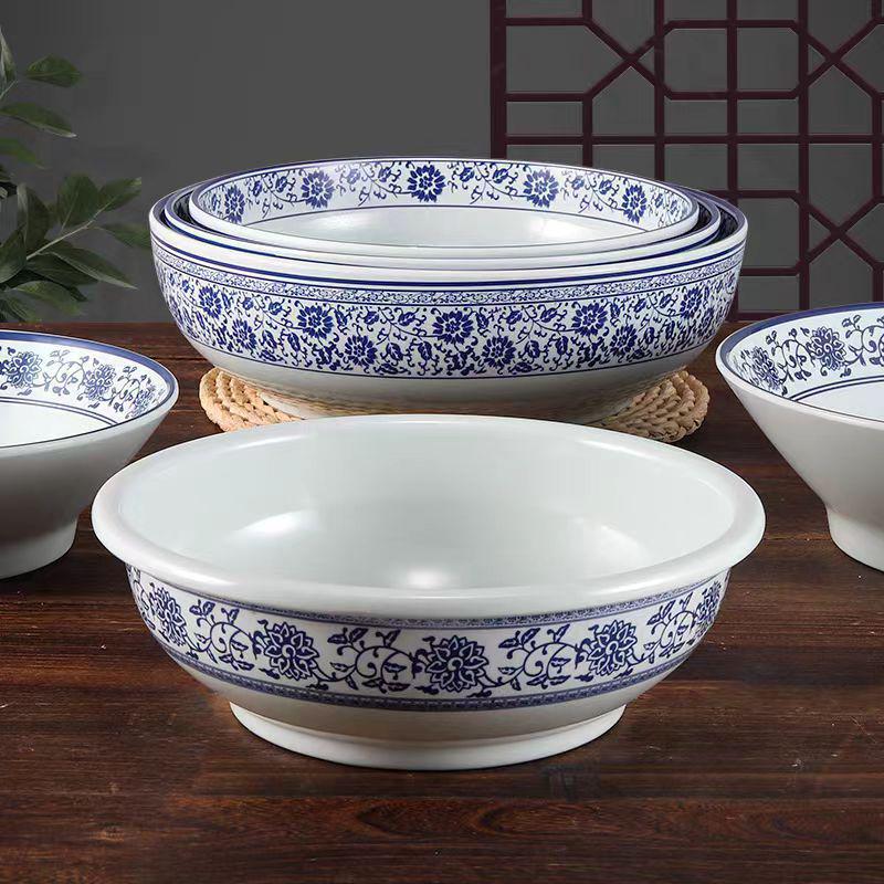 Blue & White Melamine Soup Bowl - Commercial Porcelain Imitation, Large Plastic Basin for Hotels & Restaurants