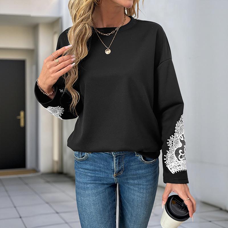2025 Autumn Black Lace Patchwork Long Sleeve Casual Round Neck Hoodie for Women