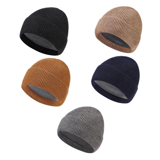 Men Hat Winter Warm Wool Knit Hat Solid Color Thickened Velvet Lining Hat Outdoor Sports Skiing Cycling Hat