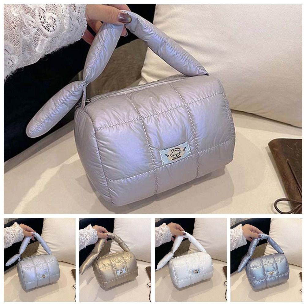 Quilted Puffy Tote Pouch Large Capacity Grid Puffer Handbag Cloud Pleatd Grid Bag  Travel