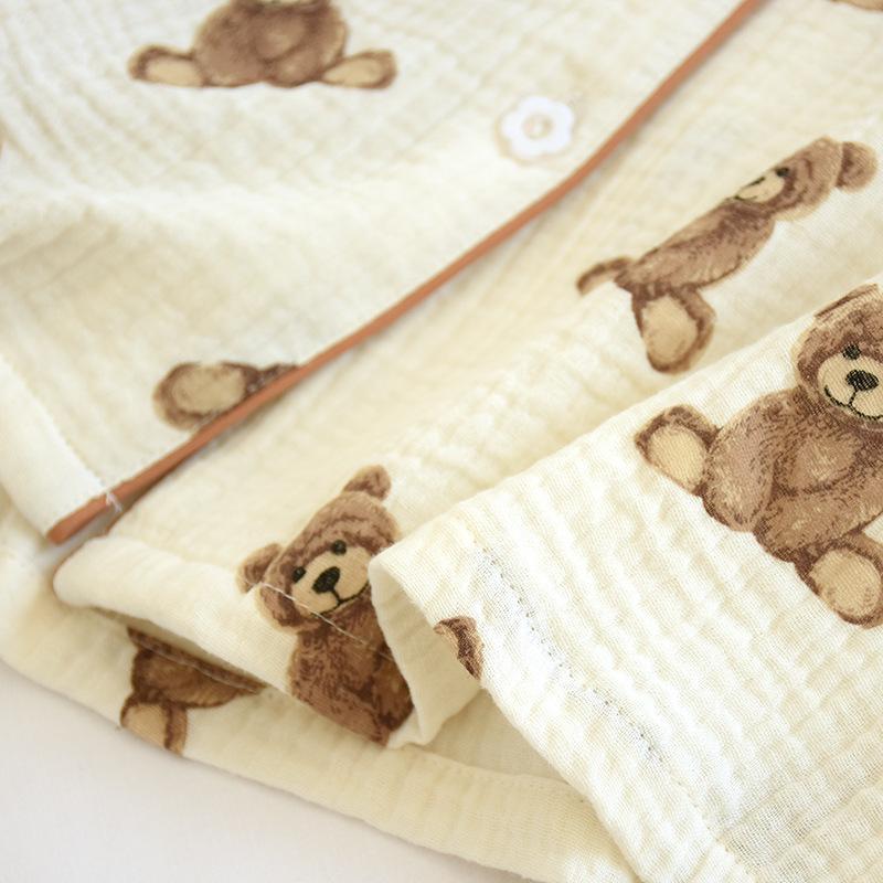 Women's Long-sleeved Trousers 100% Cotton Pajamas Double-layer Gauze Loungewear Crepe Breathable Cartoon Bear Print Pyjamas