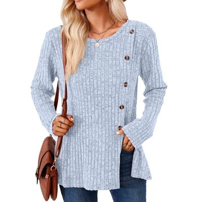 Spring Autumn Round Neck Solid Color Patchwork Button Long Sleeve Loose T-shirt for Women