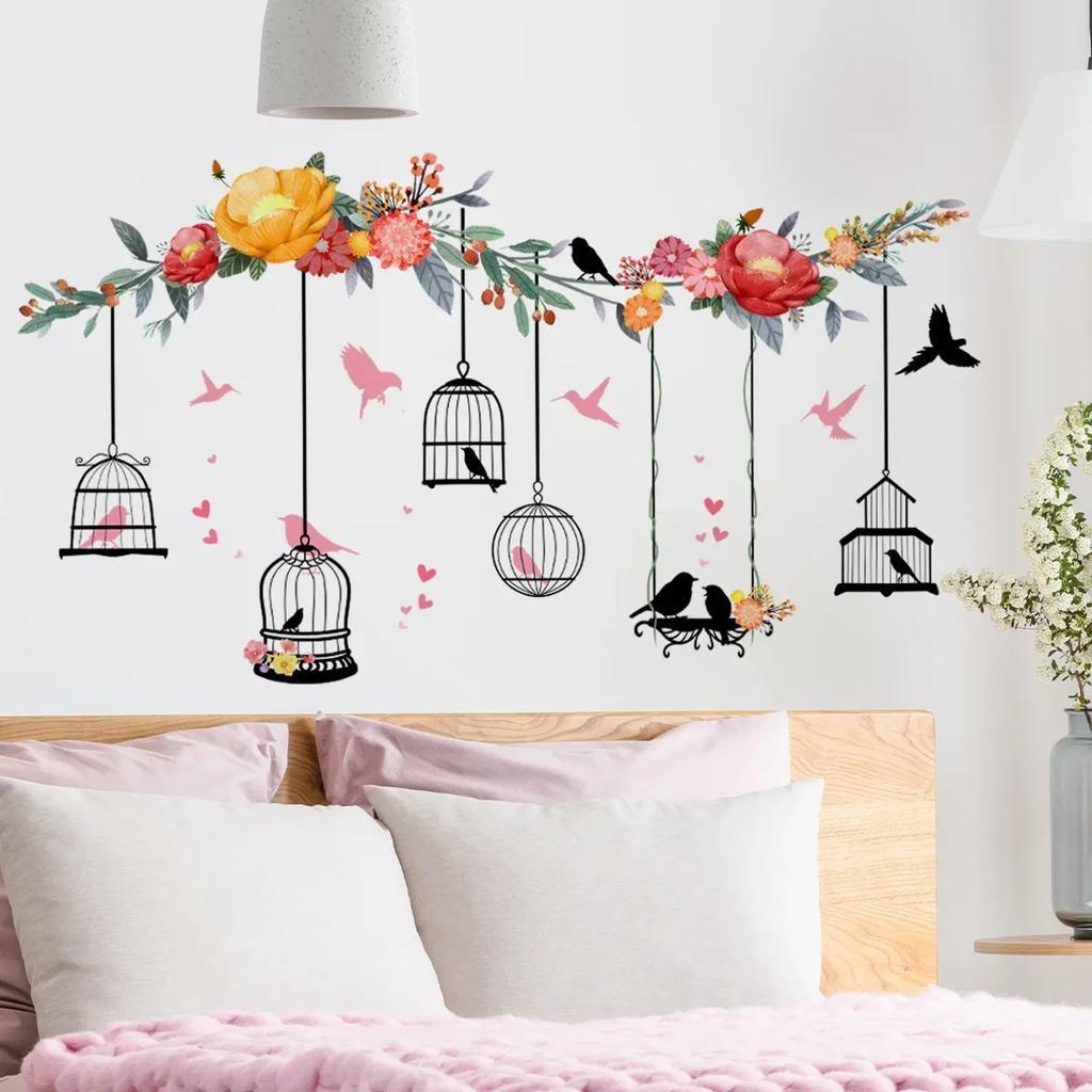 Floral Plants Flowers Wall Stickers for Living Rooms, Background Wall Decoration, Self-adhesive Vinyl Sticker, Girls Bedroom