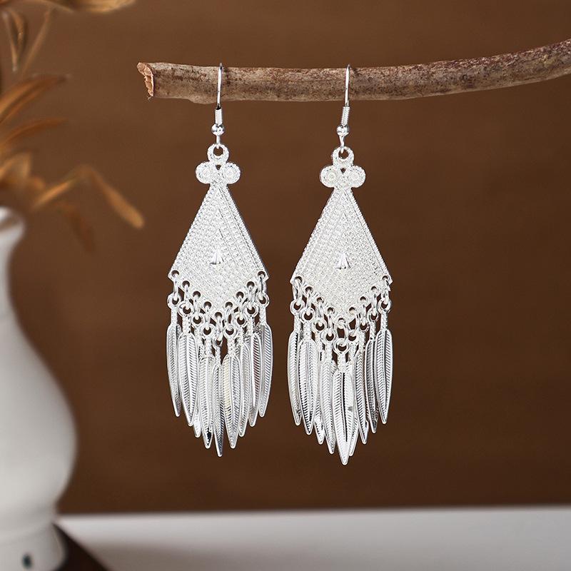 Ethnic Miao Silver Tassel Earrings - Retro Long Dangle Scenic Studs for Women