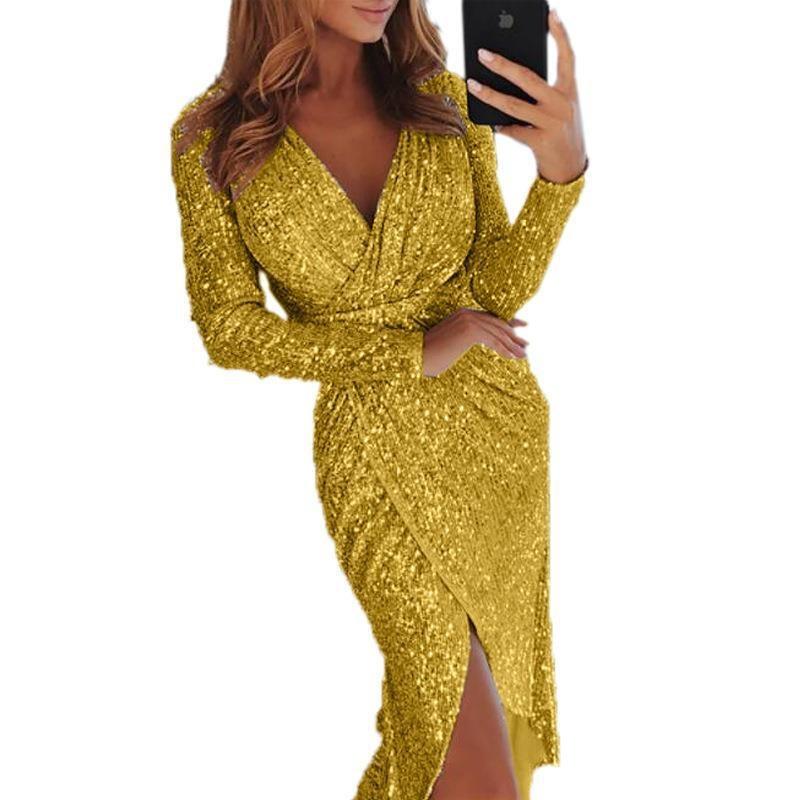 Women Sexy Gold Foil V Neck Long Sleeve Slit Bodycon Midi Evening Party Dress