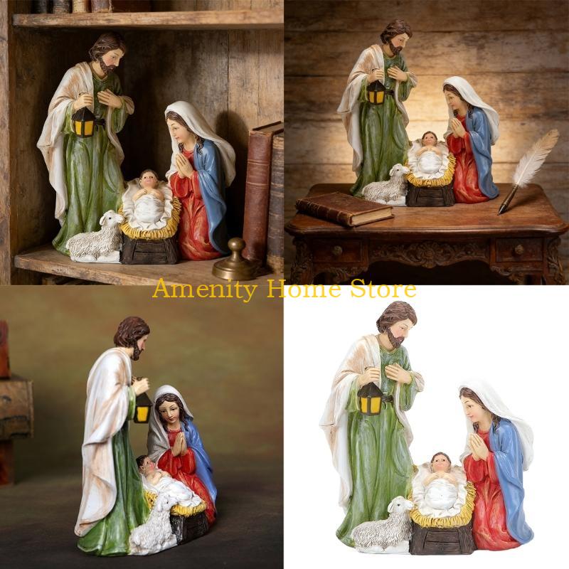 

F26C Resin Craft Holy Family Nativity Scene LED Light and Button Cell Operate Festival Ornament for Family Use CN