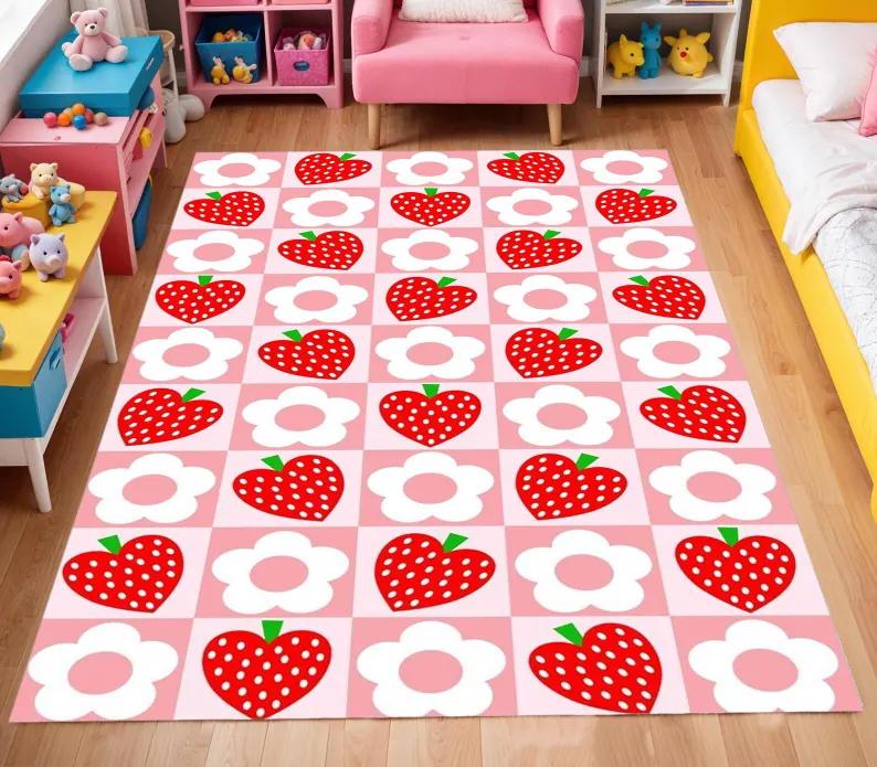 Strawberry Flower Carpet Fruit Sweet Print Home Decoration Floormat Pink Checkerboard Non-Slip Girl's Room Bedside Rug