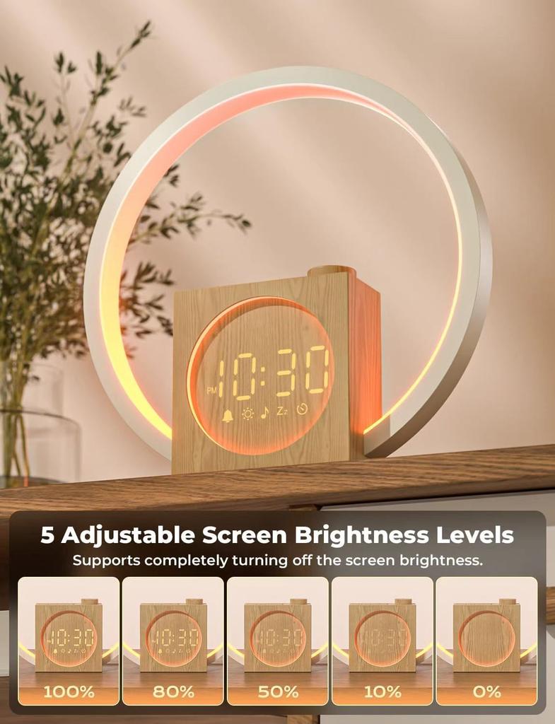 USB Charging RGB Sunrise Smart Table Clocks 12 Light Modes with White Noise Wake-Up Alarm Wood-Grain Finish Speakers