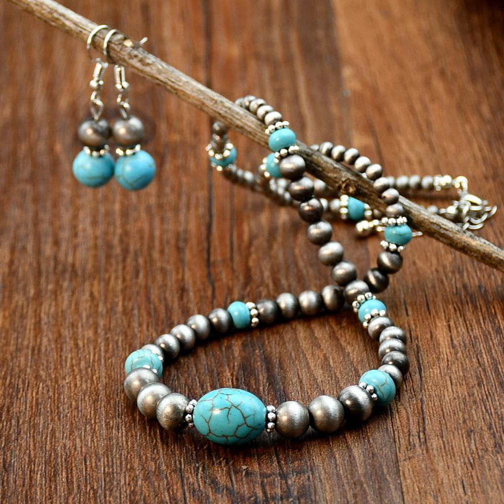 2PCS Vintage Round Beads Inlaid Turquoise Necklace Earring Set Women's Fashionable Personalized Handmade Zircon