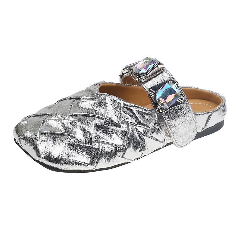 

Модные весенние новые шлепанцы Баотоу с квадратным носком, мелким вырезом, плетеные с блестками, на мягкой подошве, противоскользящие, износостойкие, плоские туфли 40 серебряный