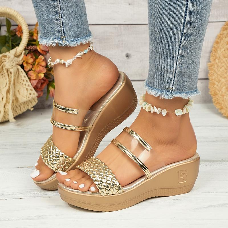 Fashion Gold Silver Weave Wedges Sandals for Women Plus Size Chunky Platform Party Slippers Woman Summer Thick Sole Non Slip Sandals