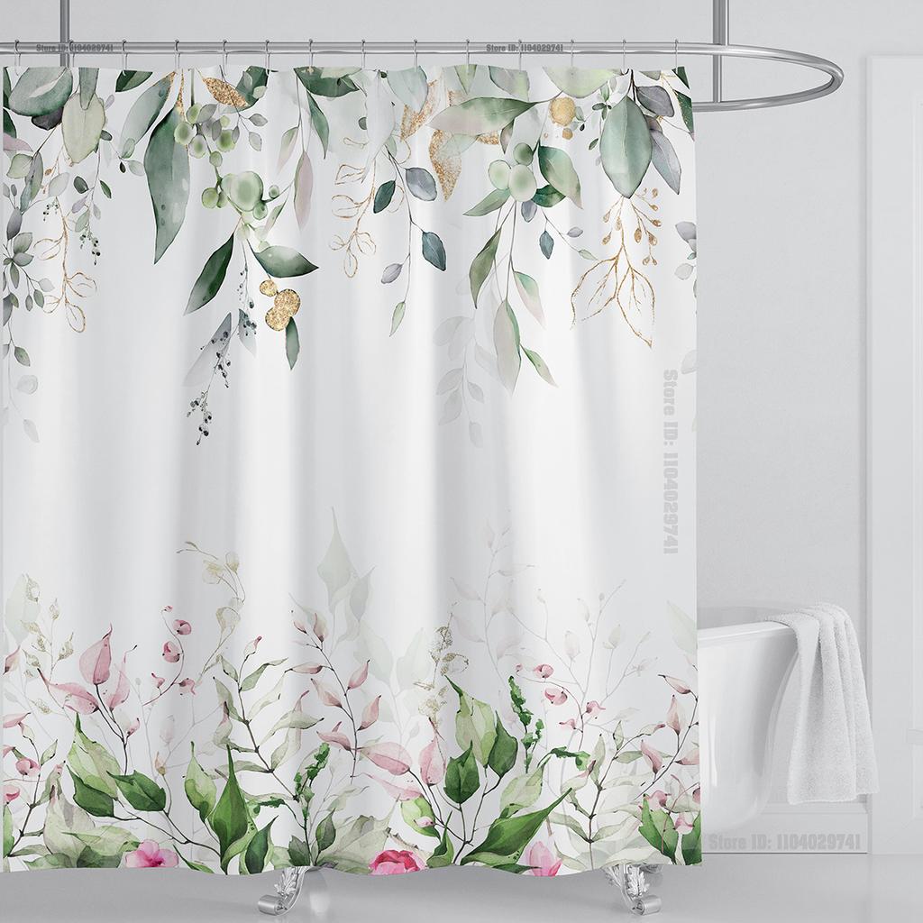 Watercolor Leaves on The Top Plant with Floral Bathroom Greenery Leaf Decoration Watercolor Botanical Shower Curtain with Hooks