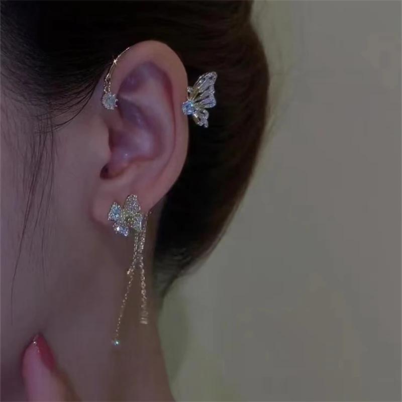 Korean Sparkling Zircon Flower Butterfly Ear Cuff Without Piercing Tassel Clip Earrings for Women Simple Ear Clip Fine
