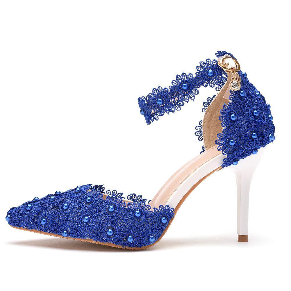 Blue Lace Beaded Flowers Wedding Shoes One-line Wristband Bride Shoes Thin Heel Pointed Sandals Stage Performance Shoes for Women